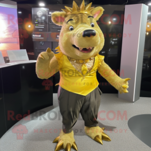 Gold Wild Boar mascot costume character dressed with a Midi Dress and Cufflinks