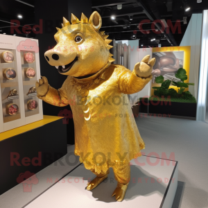 Gold Wild Boar mascot costume character dressed with a Midi Dress and Cufflinks