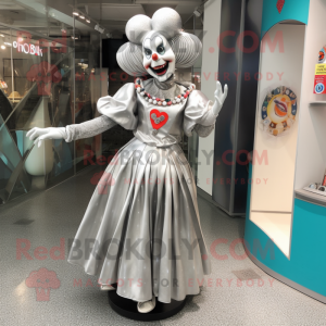 Silver Clown mascot costume character dressed with a Maxi Skirt and Earrings