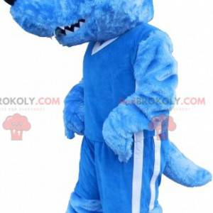 Blue wolf mascot with a red crest and a fierce look -
