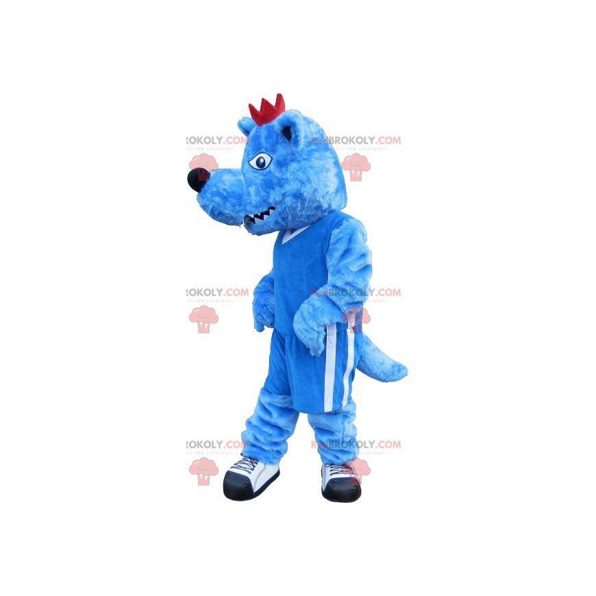 Mascota lobo azul con una cresta roja y una mirada feroz -