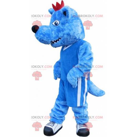 Mascota lobo azul con una cresta roja y una mirada feroz -