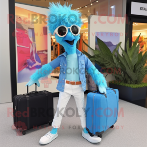 Sky Blue Emu mascot costume character dressed with a Capri Pants and Briefcases