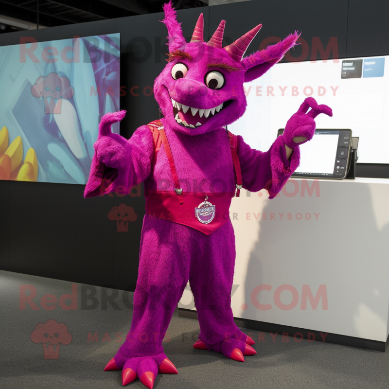 Magenta Chupacabra mascot costume character dressed with a Wrap Dress and Cufflinks Magenta Chupacabra mascot costume character dressed with a Wrap Dress and Cufflinks