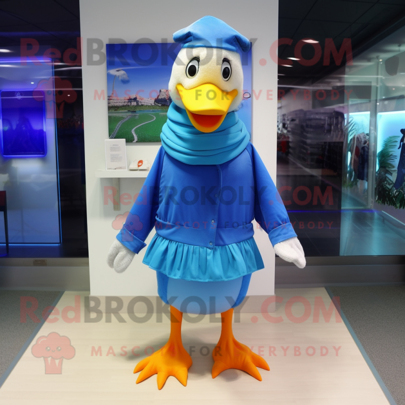 Blue Geese mascot costume character dressed with a Running Shorts and Scarf clips Blue Geese mascot costume character dressed with a Running Shorts and Scarf clips