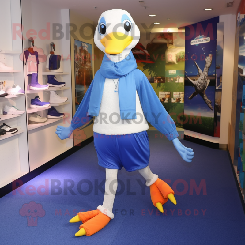 Blue Geese mascot costume character dressed with a Running Shorts and Scarf clips Blue Geese mascot costume character dressed with a Running Shorts and Scarf clips