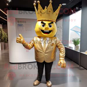 Gold King mascot costume character dressed with a Suit Jacket and Hairpins