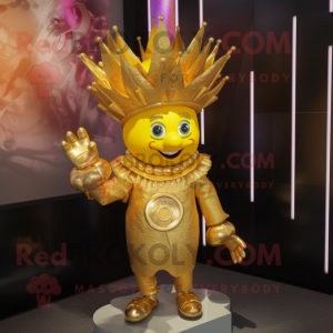 Gold King mascot costume character dressed with a Suit Jacket and Hairpins
