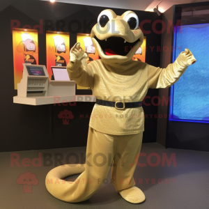 Gold Titanoboa mascot costume character dressed with a Button-Up Shirt and Clutch bags