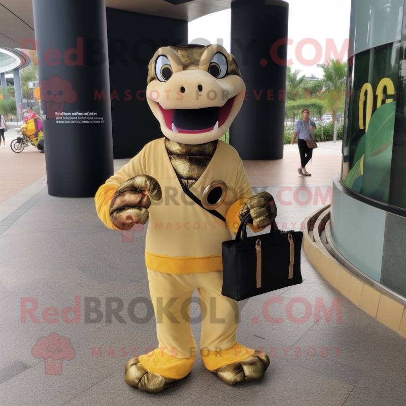 Gold Titanoboa mascot costume character dressed with a Button-Up Shirt and Clutch bags