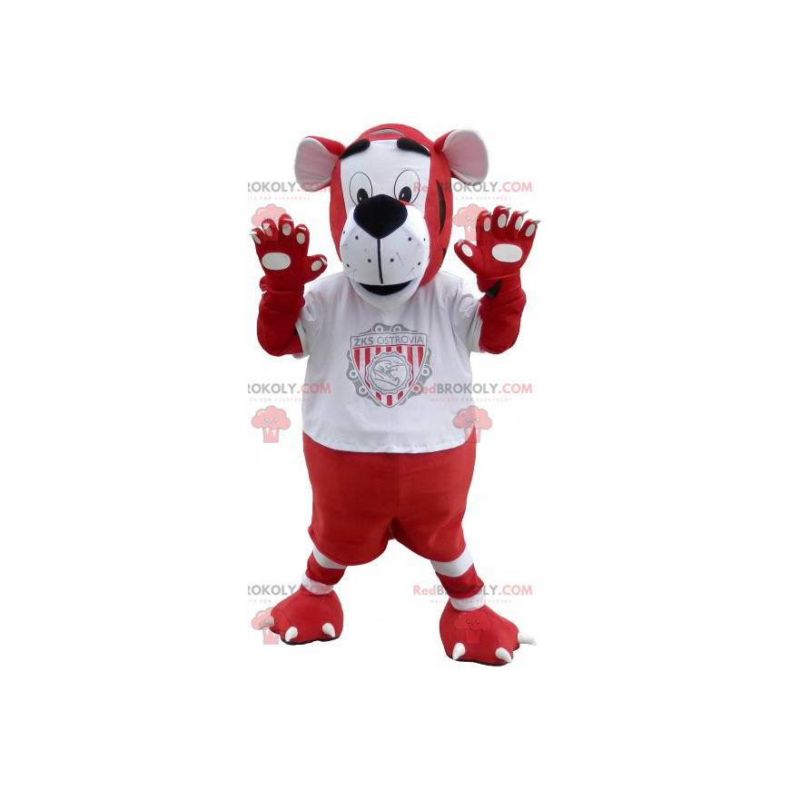 Mascote tigre vermelho e branco em roupas esportivas -