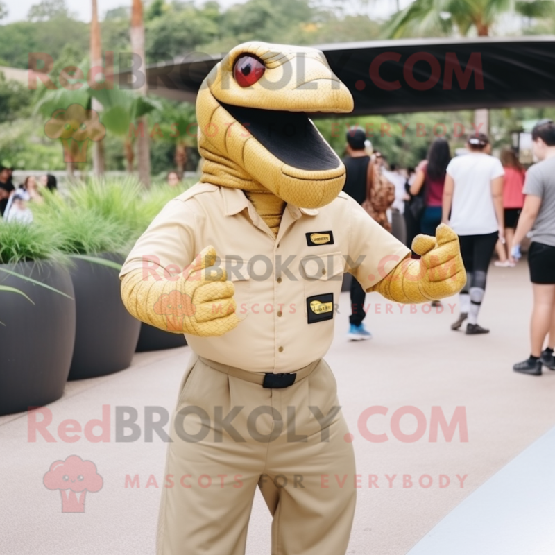 Gold Titanoboa mascot costume character dressed with a Button-Up Shirt and Clutch bags