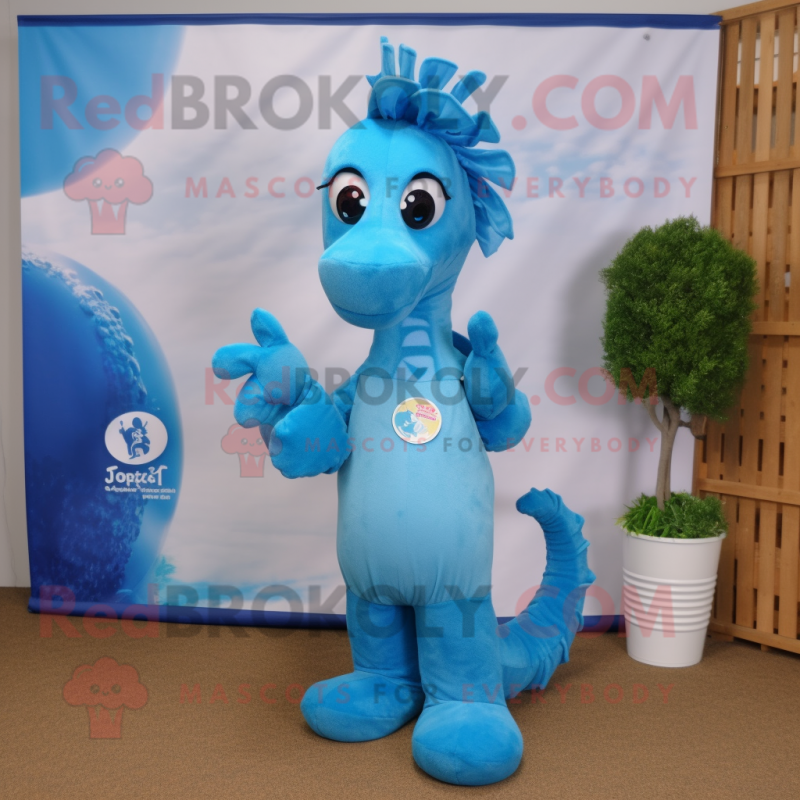 Sky Blue Sea Horse mascot costume character dressed with a Henley Tee and Headbands