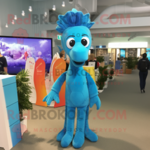 Sky Blue Sea Horse mascot costume character dressed with a Henley Tee and Headbands