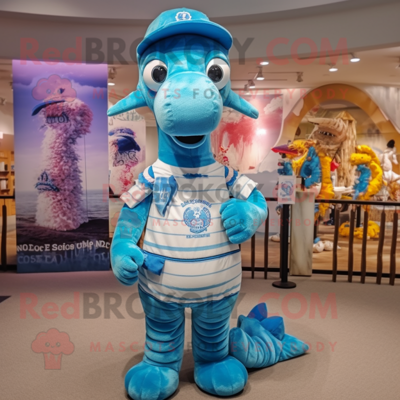 Sky Blue Sea Horse mascot costume character dressed with a Henley Tee and Headbands Sky Blue Sea Horse mascot costume character dressed with a Henley Tee and Headbands