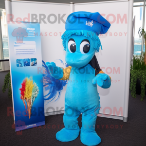 Sky Blue Sea Horse mascot costume character dressed with a Henley Tee and Headbands