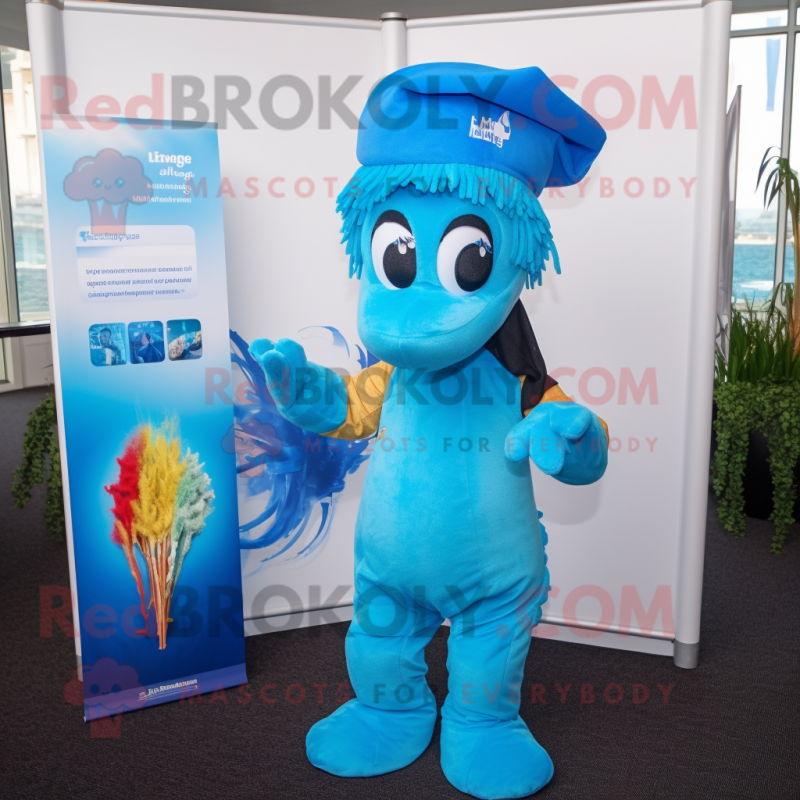 Sky Blue Sea Horse mascot costume character dressed with a Henley Tee and Headbands Sky Blue Sea Horse mascot costume character dressed with a Henley Tee and Headbands