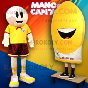 Cream Mango mascot costume character dressed with a Board Shorts and Cufflinks