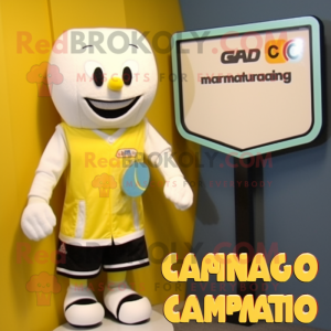 Cream Mango mascot costume character dressed with a Board Shorts and Cufflinks