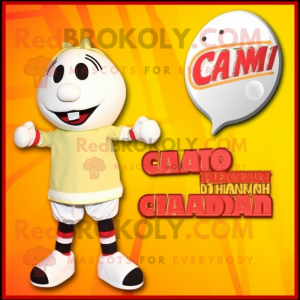 Cream Mango mascot costume character dressed with a Board Shorts and Cufflinks