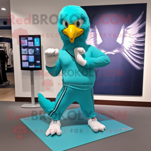 Turquoise Eagle mascot costume character dressed with a Yoga Pants and Anklets