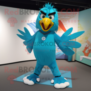 Turquoise Eagle mascot costume character dressed with a Yoga Pants and Anklets