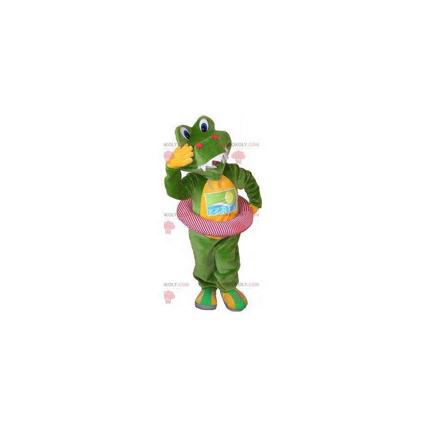 Mascota de cocodrilo verde y amarillo con una boya -
