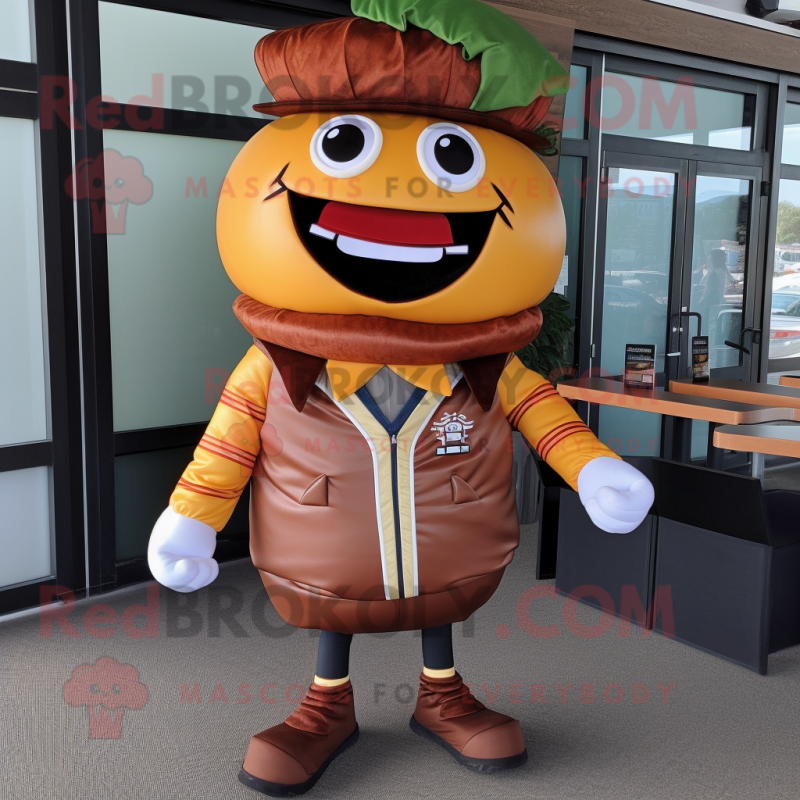 Rust Hamburger mascot costume character dressed with a Jacket and Ties Rust Hamburger mascot costume character dressed with a Jacket and Ties