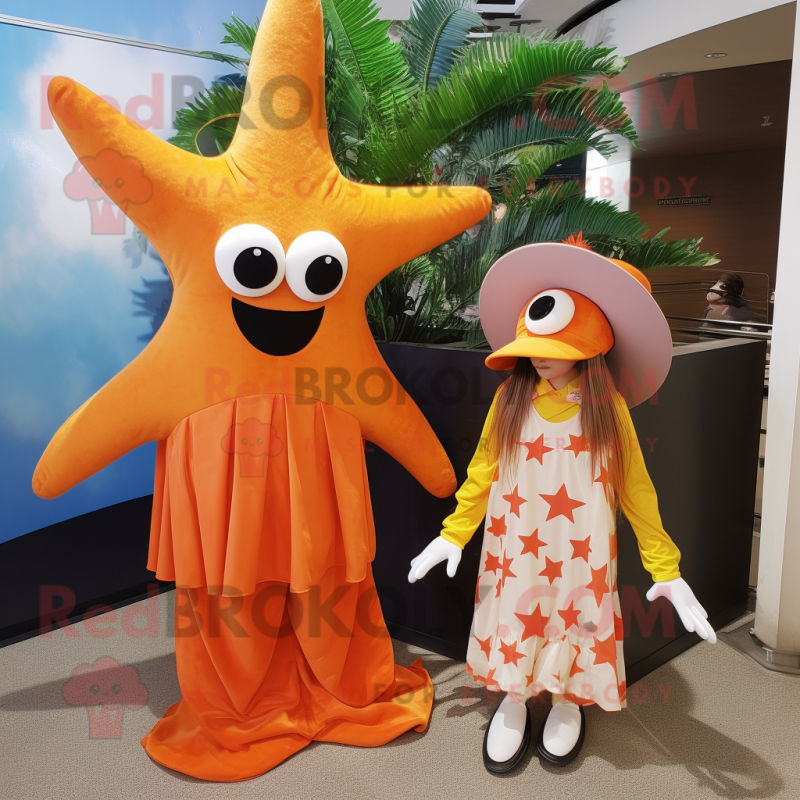 Rust Starfish mascot costume character dressed with a Maxi Dress and Hats