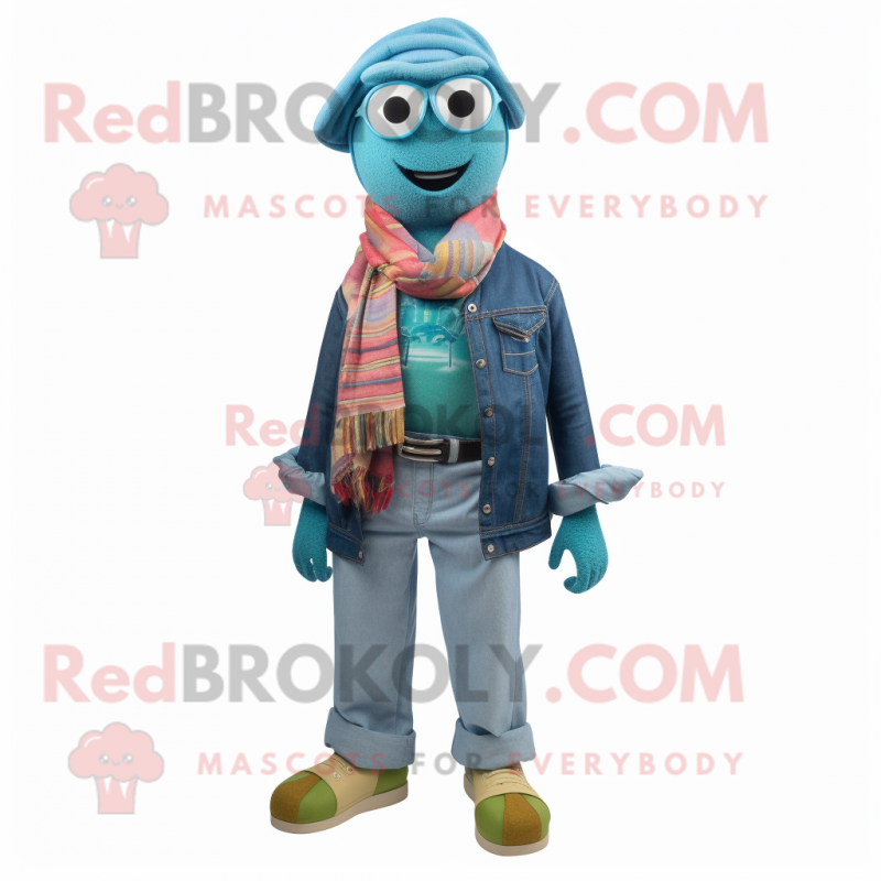 Teal Doctor mascot costume character dressed with a Denim Shorts and Scarves Teal Doctor mascot costume character dressed with a Denim Shorts and Scarves