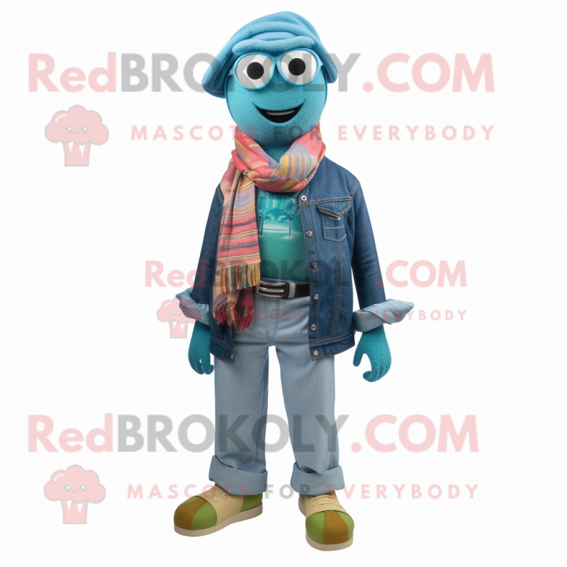 Teal Doctor mascot costume character dressed with a Denim Shorts and Scarves