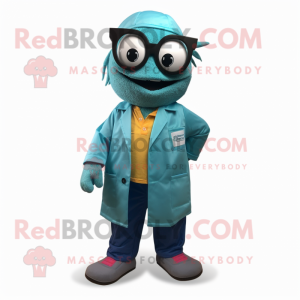 Teal Doctor mascot costume character dressed with a Denim Shorts and Scarves