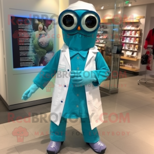 Teal Doctor mascot costume character dressed with a Denim Shorts and Scarves