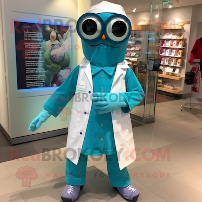Teal Doctor mascot costume character dressed with a Denim Shorts and Scarves Teal Doctor mascot costume character dressed with a Denim Shorts and Scarves