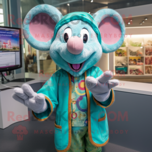 Turquoise Mouse mascot costume character dressed with a Cardigan and Bracelets
