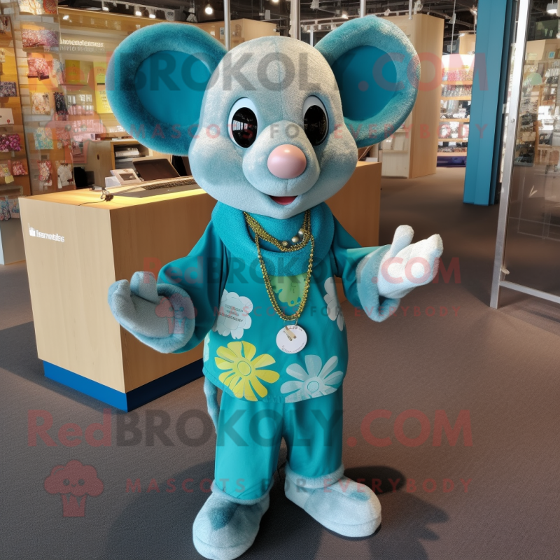 Turquoise Mouse mascot costume character dressed with a Cardigan and Bracelets