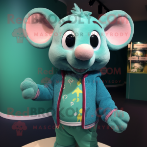 Turquoise Mouse mascot costume character dressed with a Cardigan and Bracelets
