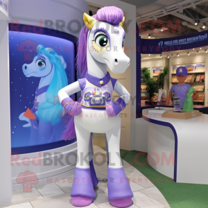 Lavender Mare mascot costume character dressed with a Rash Guard and Bracelets