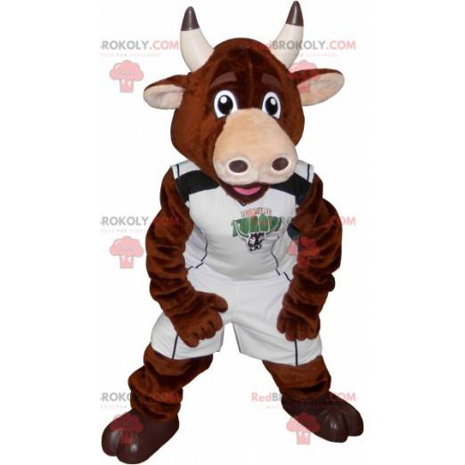Mascotte de taureau de vache marron en tenue de sport -