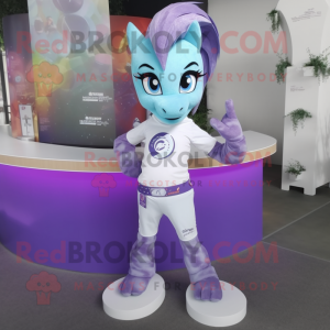 Lavender Mare mascot costume character dressed with a Rash Guard and Bracelets