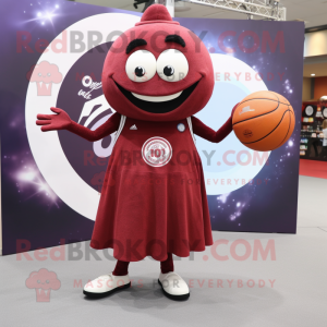 Maroon Basketball Ball mascot costume character dressed with a Maxi Dress and Lapel pins