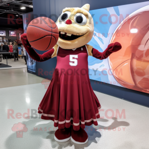 Maroon Basketball Ball mascot costume character dressed with a Maxi Dress and Lapel pins