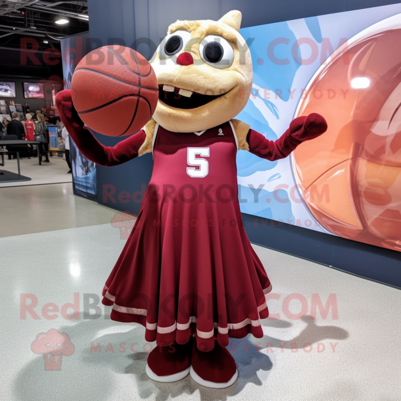 Maroon Basketball Ball mascot costume character dressed with a Maxi Dress and Lapel pins Maroon Basketball Ball mascot costume character dressed with a Maxi Dress and Lapel pins