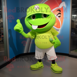 Lime Green Baseball Glove mascot costume character dressed with a Skinny Jeans and Bow ties