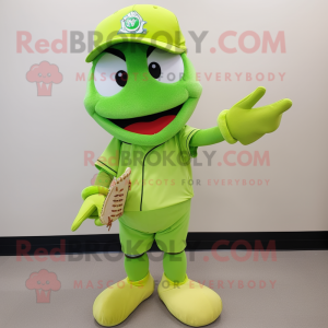 Lime Green Baseball Glove mascot costume character dressed with a Skinny Jeans and Bow ties