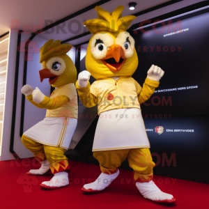 Gold Rooster mascot costume character dressed with a Yoga Pants and Smartwatches