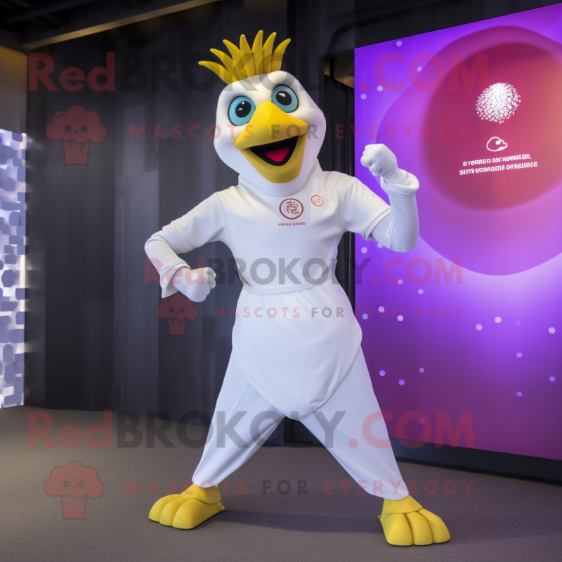 Gold Rooster mascot costume character dressed with a Yoga Pants and Smartwatches