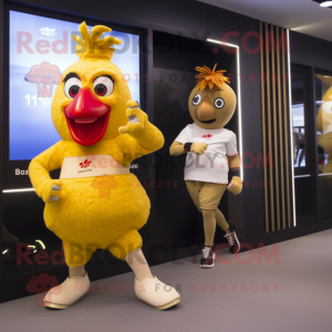 Gold Rooster mascot costume character dressed with a Yoga Pants and Smartwatches