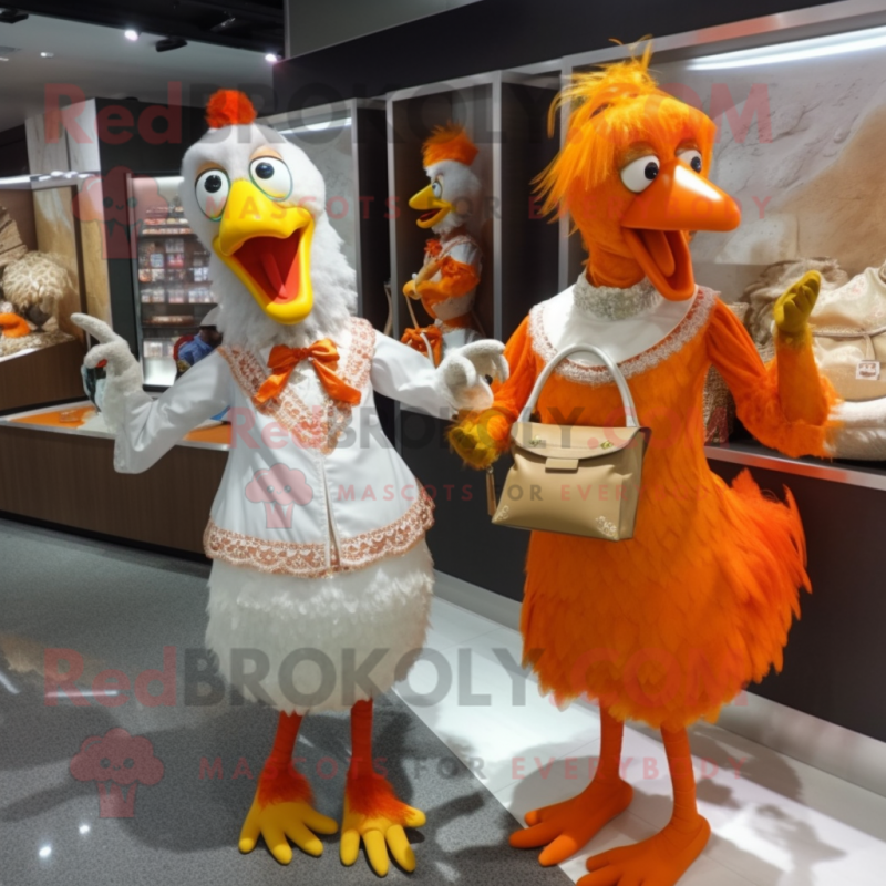 Orange Roosters mascot costume character dressed with a Wedding Dress and Coin purses