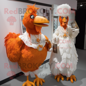 Orange Roosters mascot costume character dressed with a Wedding Dress and Coin purses